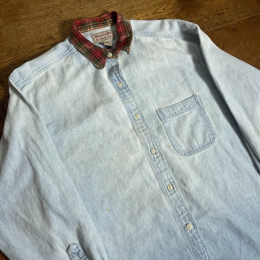 Abercrombie & Fitch Denim Shirt Mens L Blue Vintage Americana Plaid Collar
